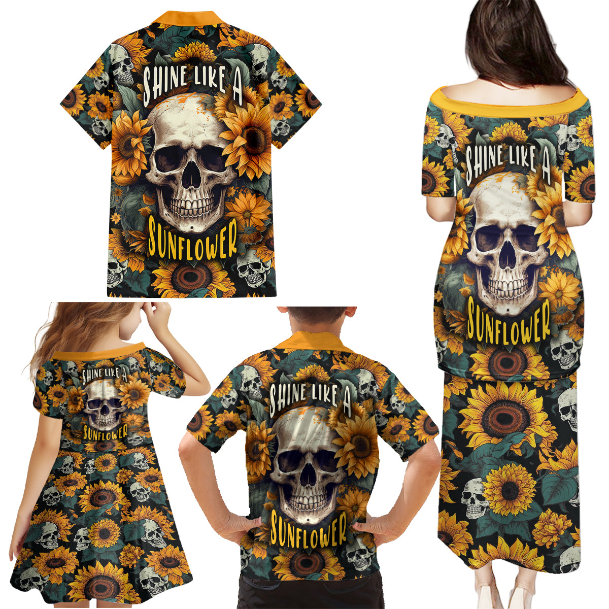 Shine Like A Sunflower Skull Family Matching Puletasi Dress and Hawaiian Shirt - Wonder Print Shop