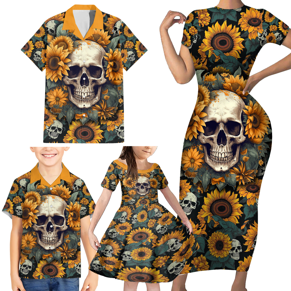 Shine Like A Sunflower Skull Family Matching Short Sleeve Bodycon Dress and Hawaiian Shirt - Wonder Print Shop