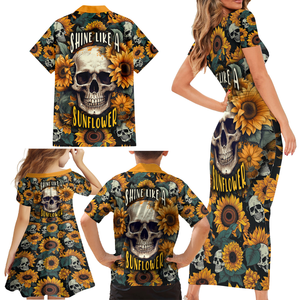 Shine Like A Sunflower Skull Family Matching Short Sleeve Bodycon Dress and Hawaiian Shirt - Wonder Print Shop