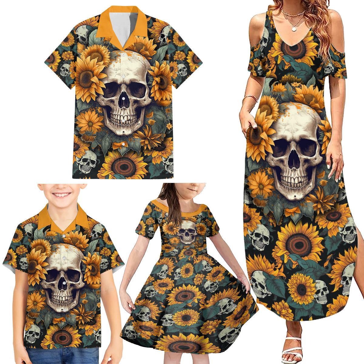 Shine Like A Sunflower Skull Family Matching Summer Maxi Dress and Hawaiian Shirt - Wonder Print Shop