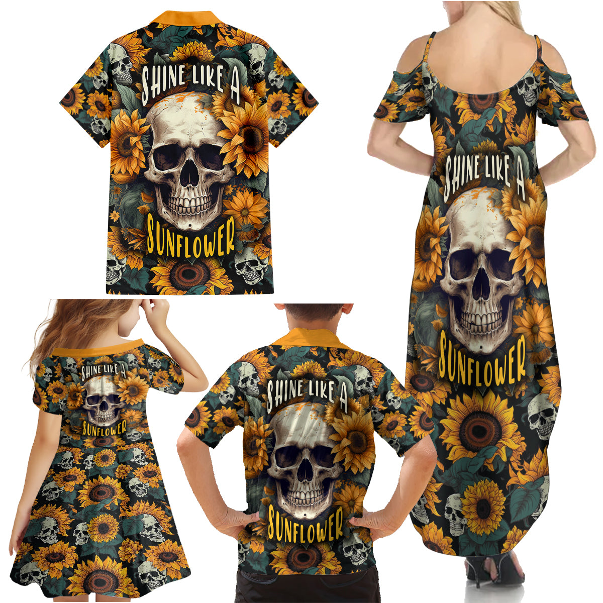 Shine Like A Sunflower Skull Family Matching Summer Maxi Dress and Hawaiian Shirt - Wonder Print Shop