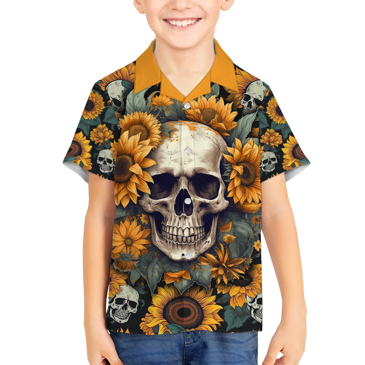 Shine Like A Sunflower Skull Family Matching Summer Maxi Dress and Hawaiian Shirt - Wonder Print Shop