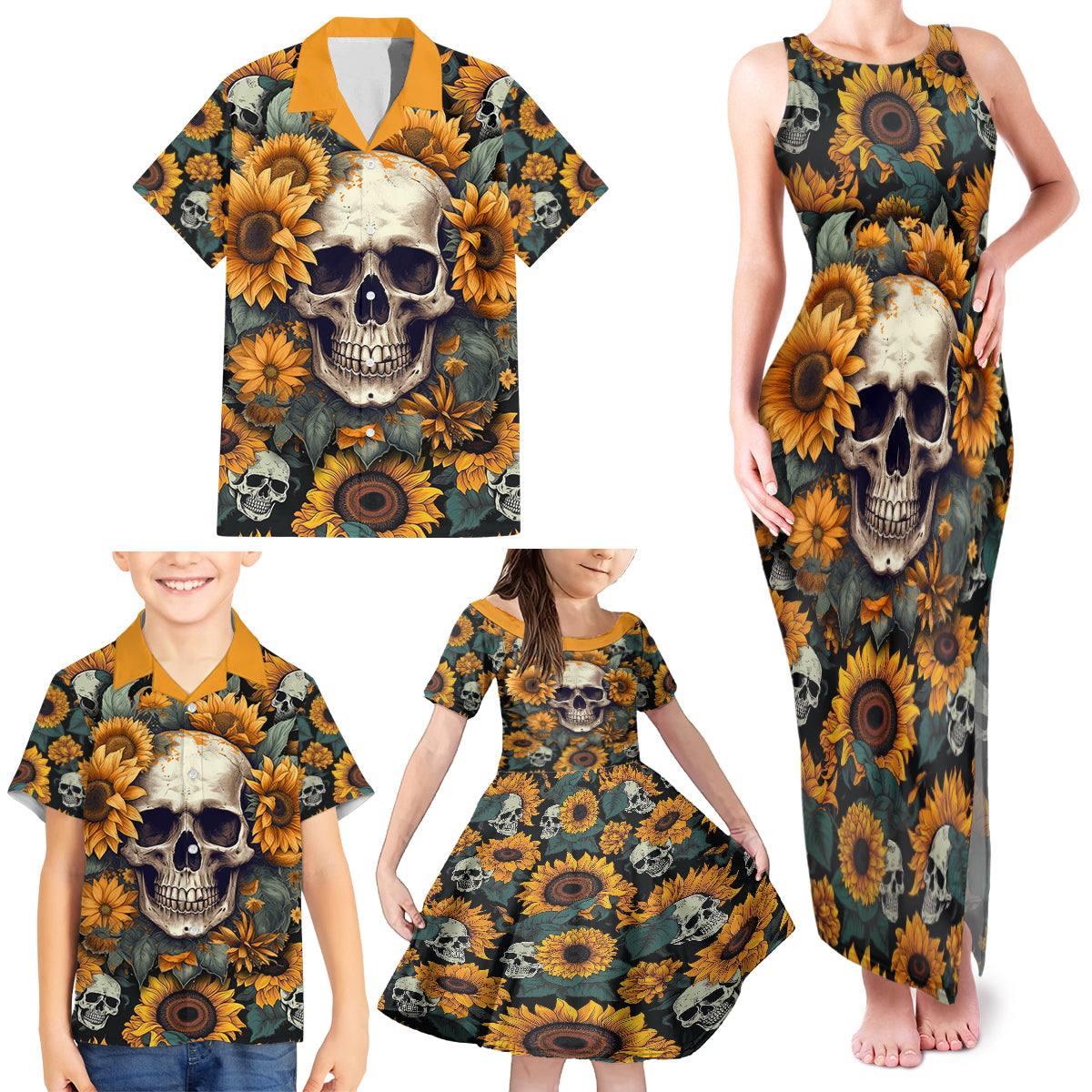 Shine Like A Sunflower Skull Family Matching Tank Maxi Dress and Hawaiian Shirt - Wonder Print Shop
