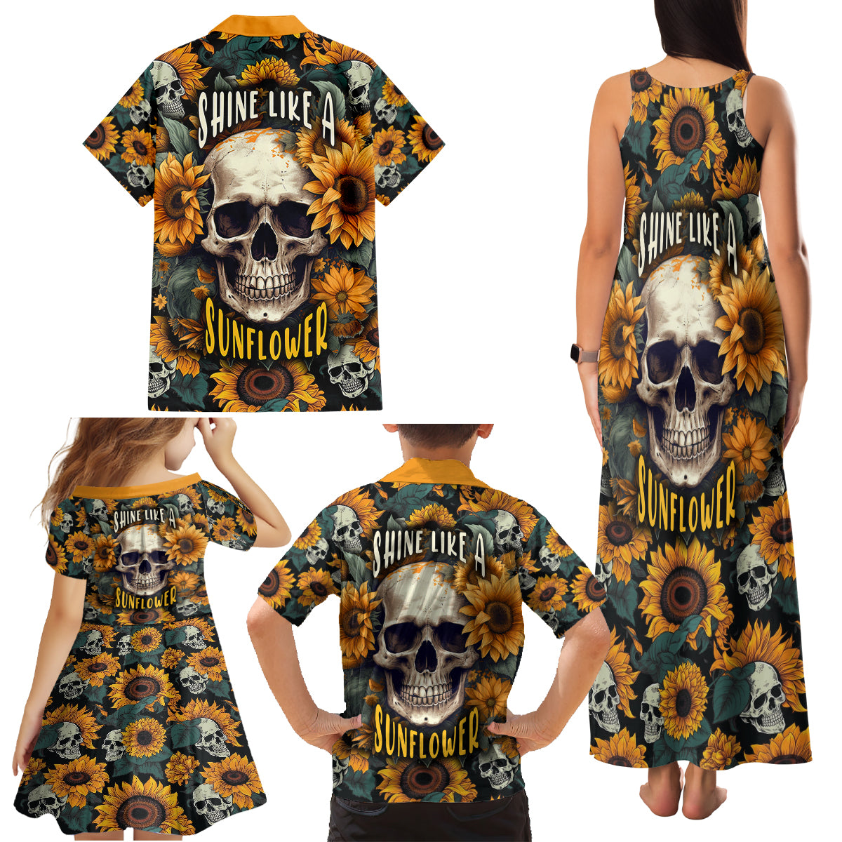 Shine Like A Sunflower Skull Family Matching Tank Maxi Dress and Hawaiian Shirt - Wonder Print Shop