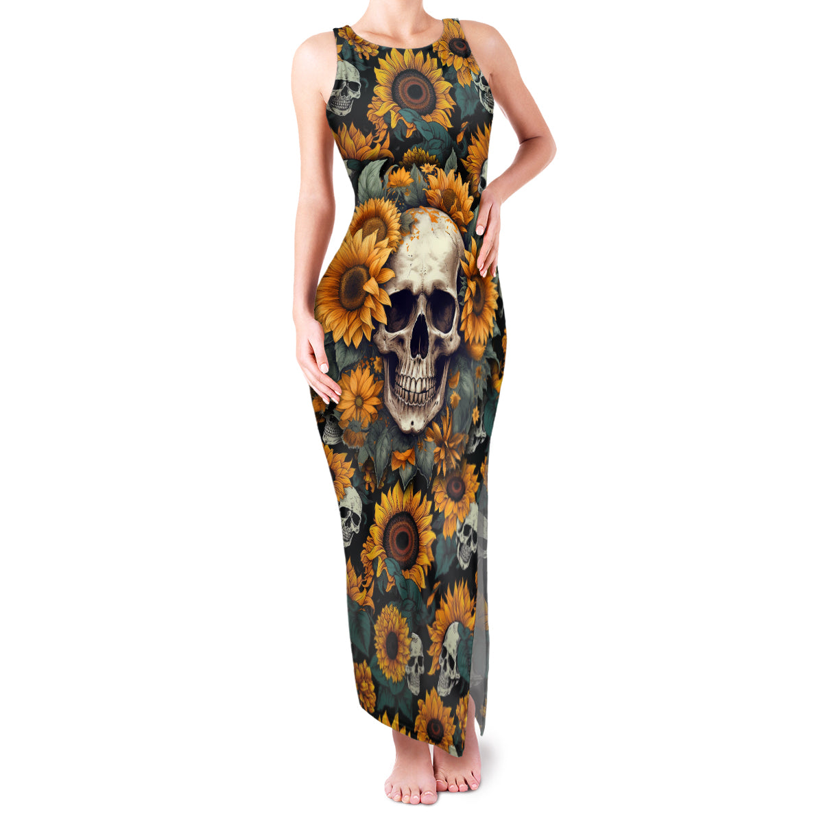 Shine Like A Sunflower Skull Family Matching Tank Maxi Dress and Hawaiian Shirt - Wonder Print Shop
