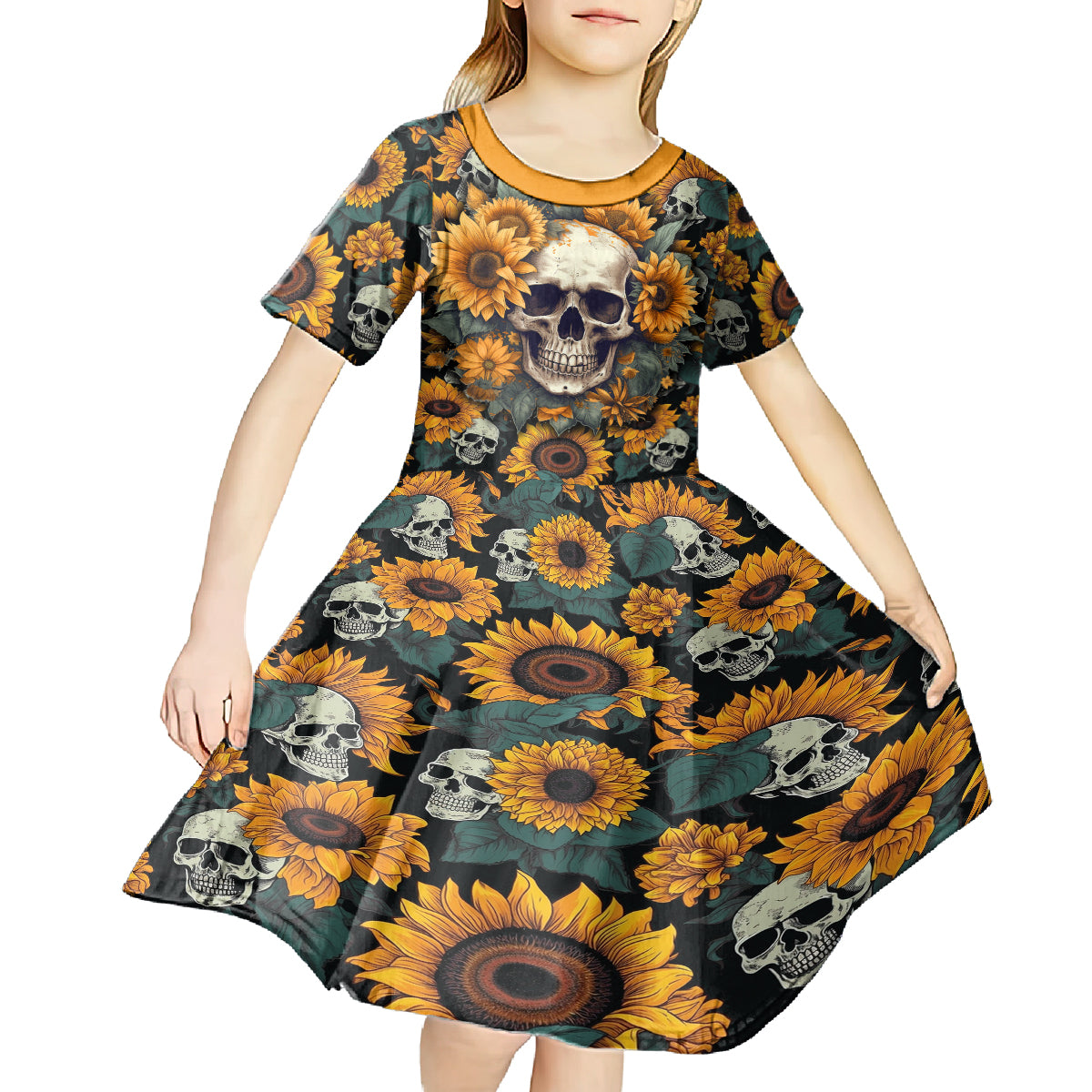 Shine Like A Sunflower Skull Kid Short Sleeve Dress - Wonder Print Shop