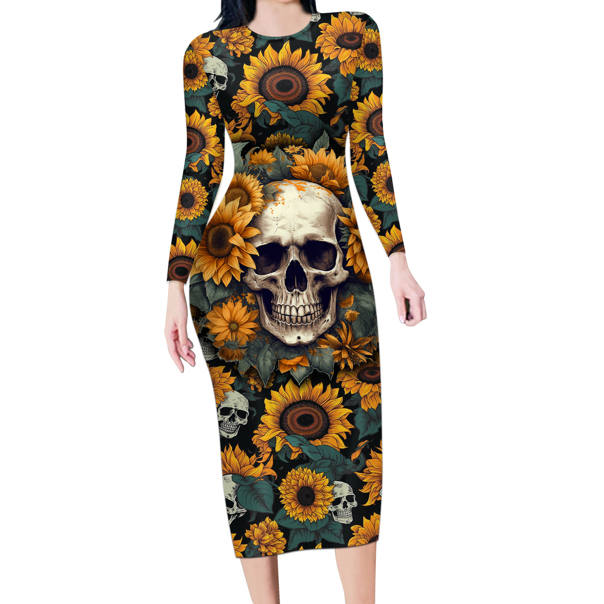 Shine Like A Sunflower Skull Long Sleeve Bodycon Dress - Wonder Print Shop