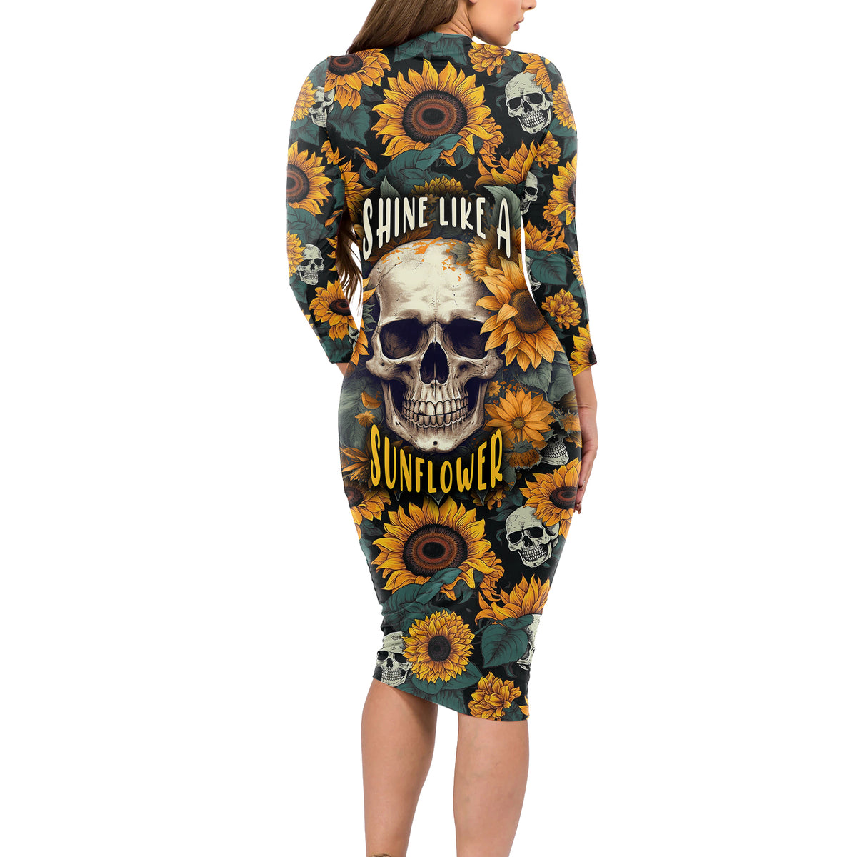 Shine Like A Sunflower Skull Long Sleeve Bodycon Dress - Wonder Print Shop