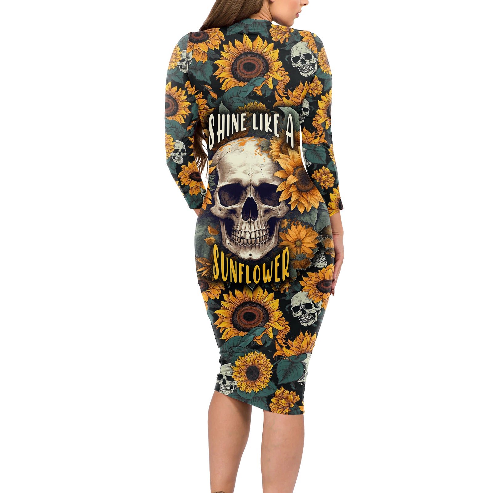 Shine Like A Sunflower Skull Long Sleeve Bodycon Dress - Wonder Print Shop