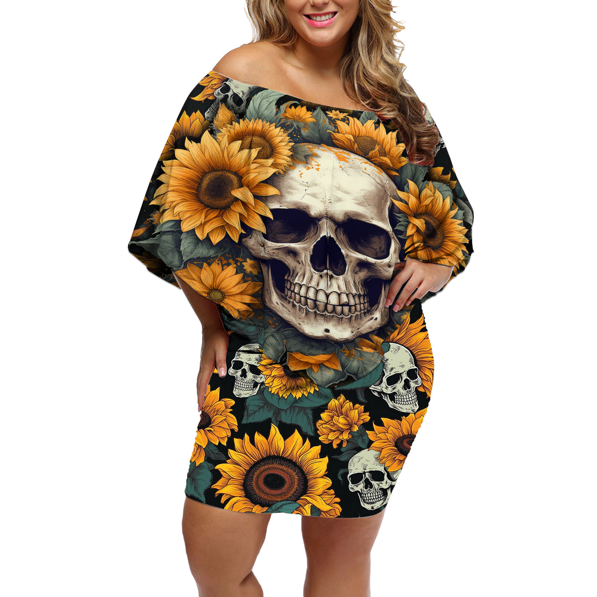 Shine Like A Sunflower Skull Off Shoulder Short Dress - Wonder Print Shop