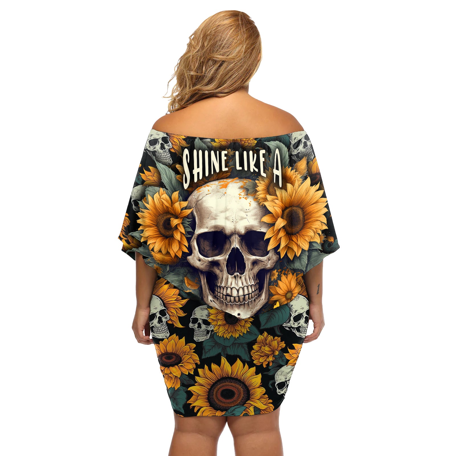 Shine Like A Sunflower Skull Off Shoulder Short Dress - Wonder Print Shop