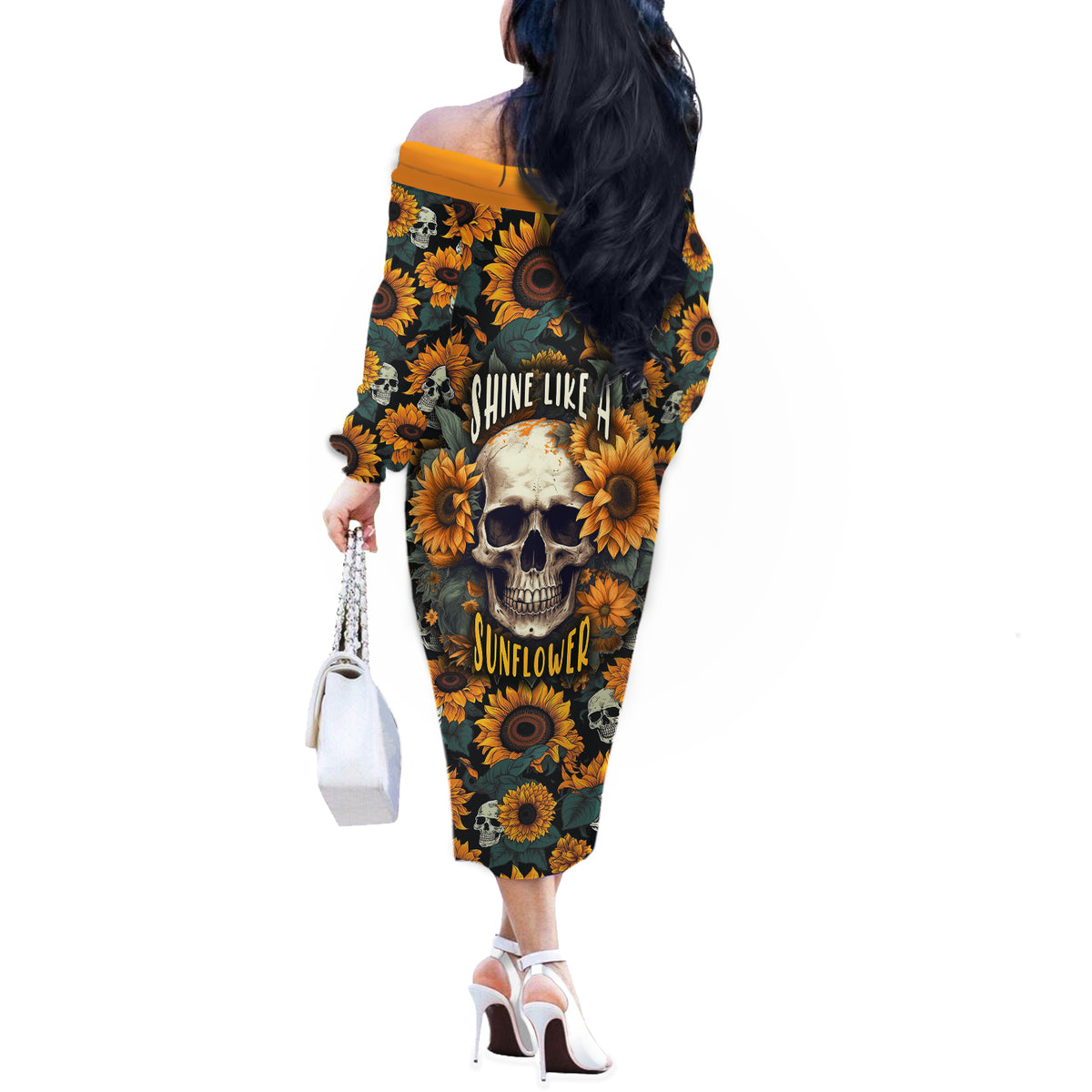 Shine Like A Sunflower Skull Off The Shoulder Long Sleeve Dress - Wonder Print Shop