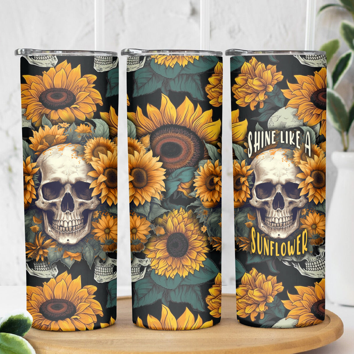 Shine Like A Sunflower Skull Skinny Tumbler - Wonder Print Shop