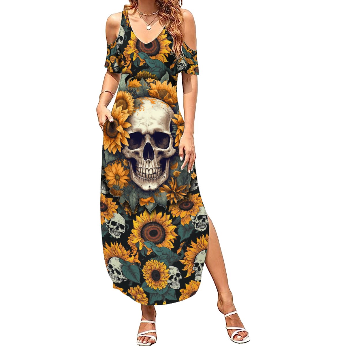 Shine Like A Sunflower Skull Summer Maxi Dress - Wonder Print Shop