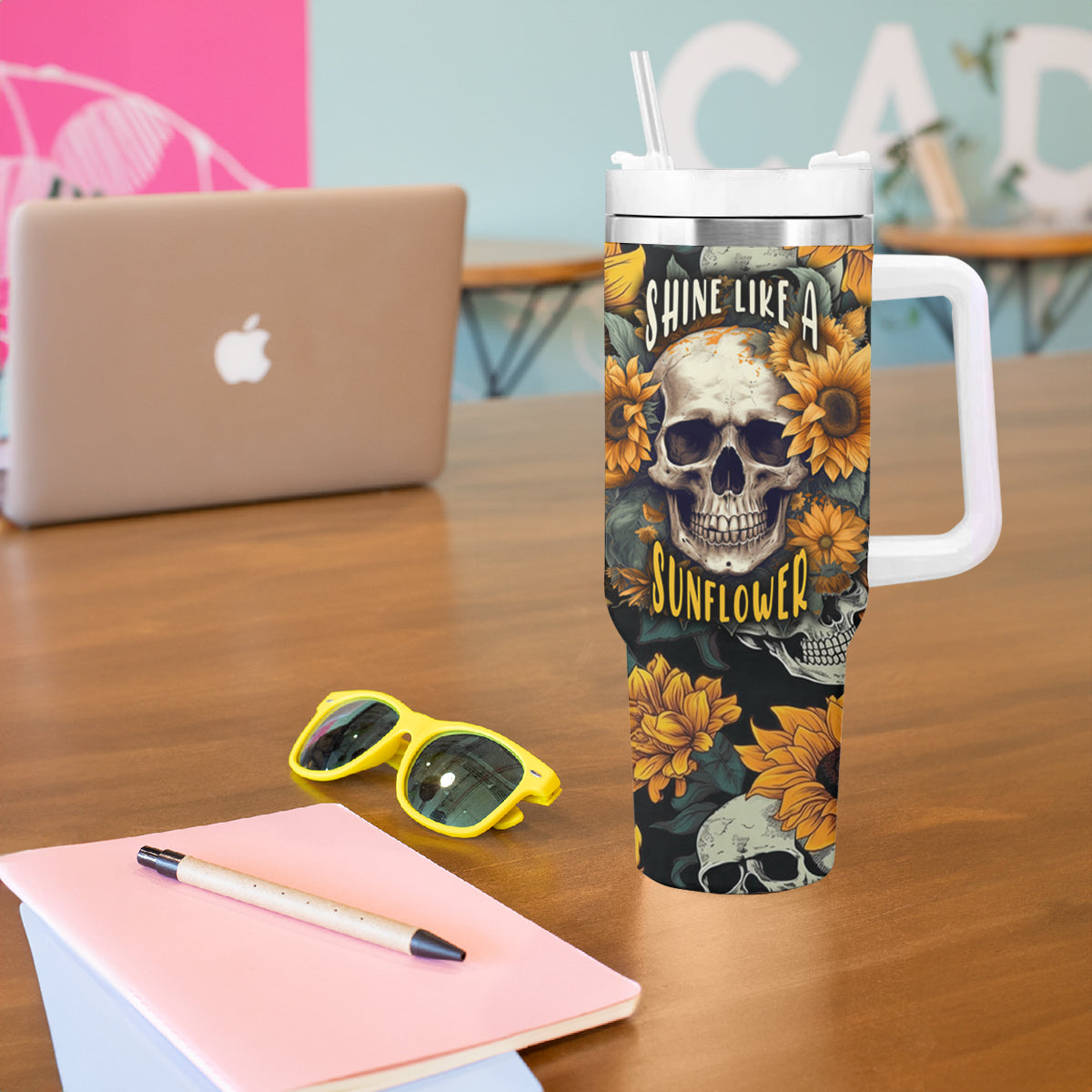 Shine Like A Sunflower Skull Tumbler With Handle - Wonder Print Shop