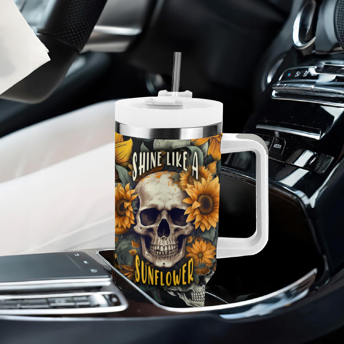Shine Like A Sunflower Skull Tumbler With Handle - Wonder Print Shop