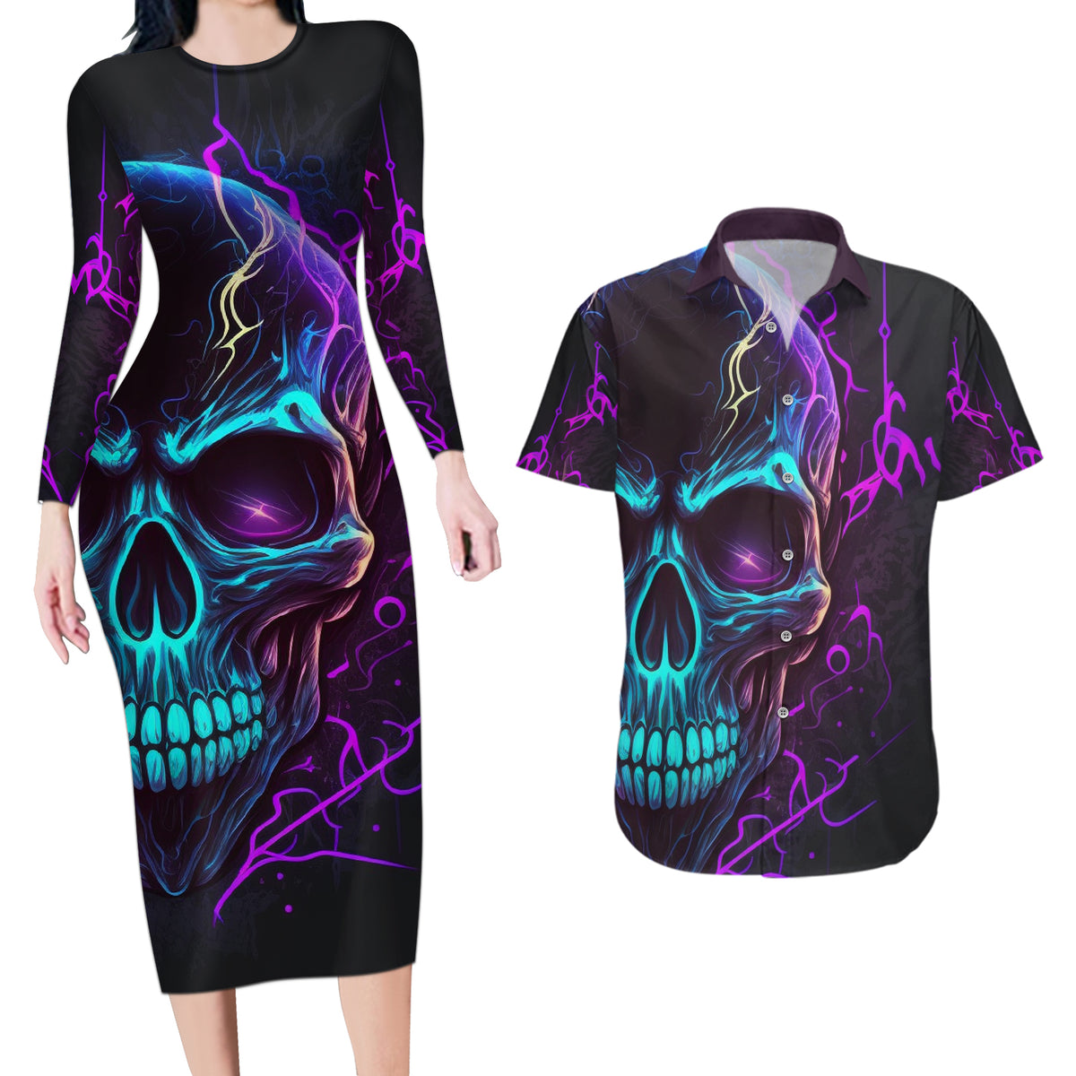 Music Is My Only Friend Skull Couples Matching Long Sleeve Bodycon Dress and Hawaiian Shirt - Wonder Print Shop