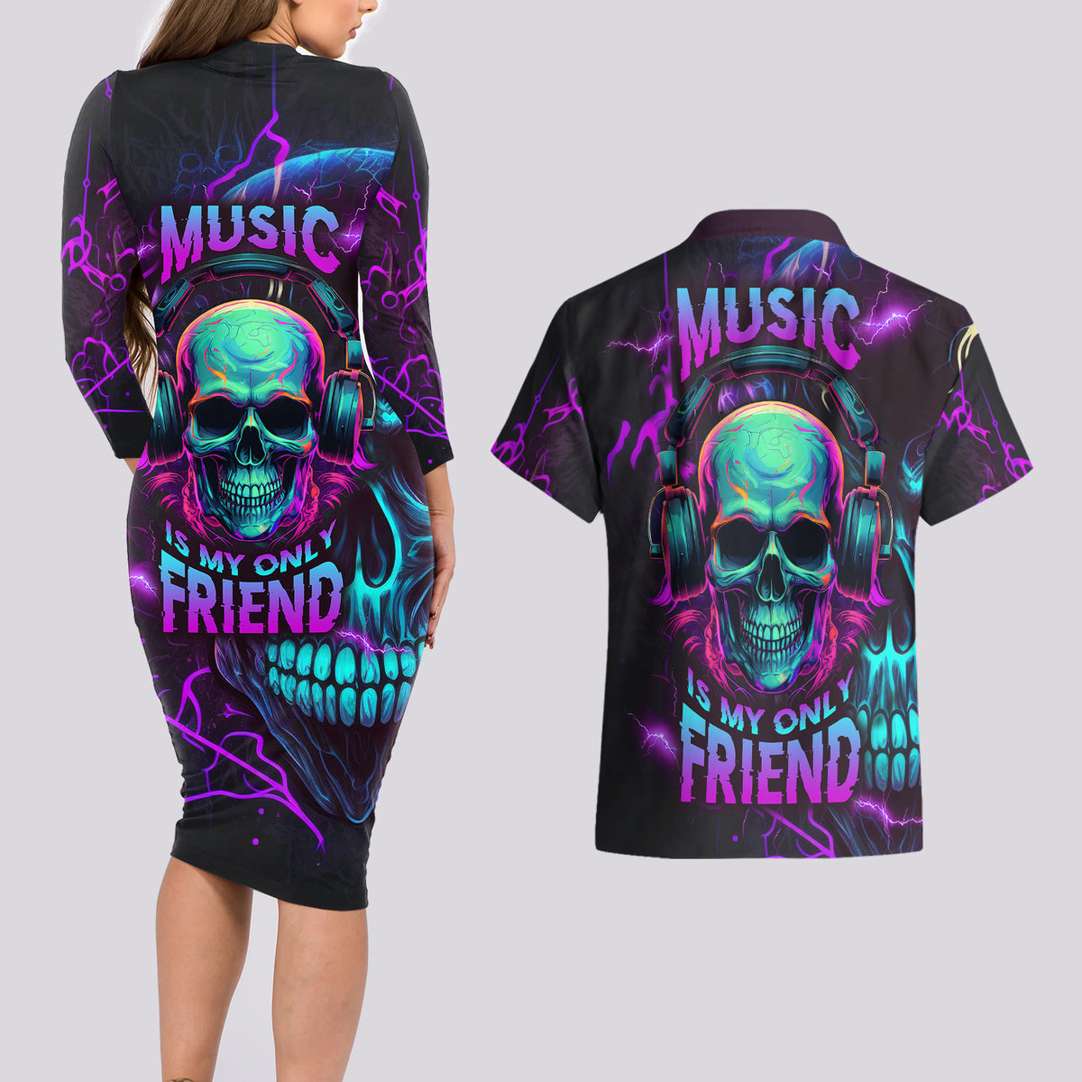 Music Is My Only Friend Skull Couples Matching Long Sleeve Bodycon Dress and Hawaiian Shirt - Wonder Print Shop