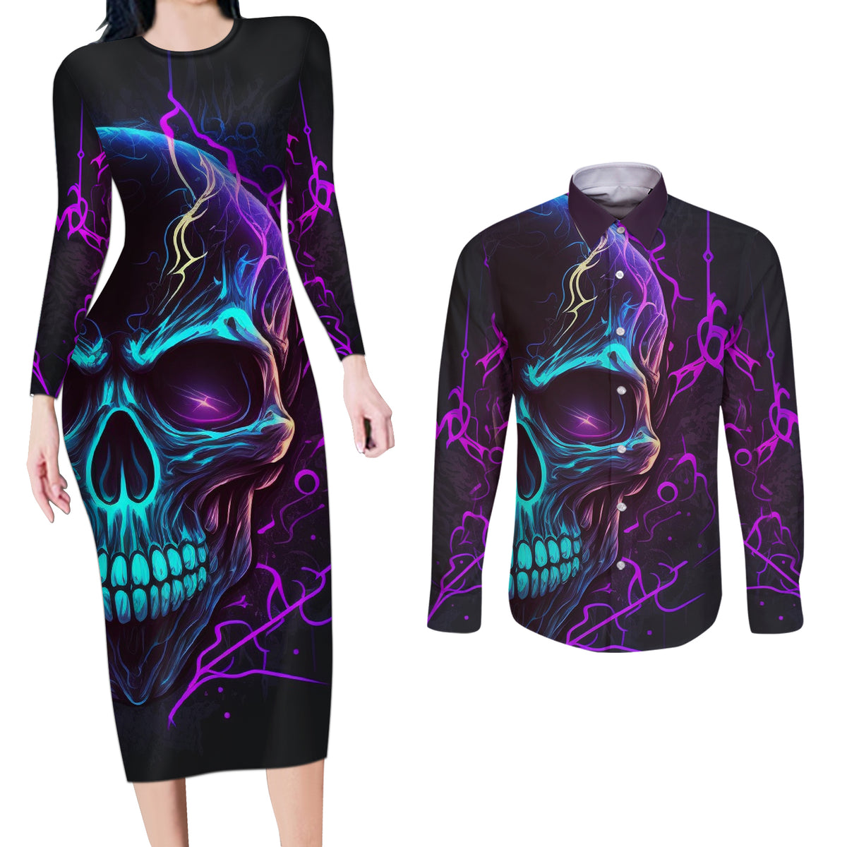 Music Is My Only Friend Skull Couples Matching Long Sleeve Bodycon Dress and Long Sleeve Button Shirts - Wonder Print Shop