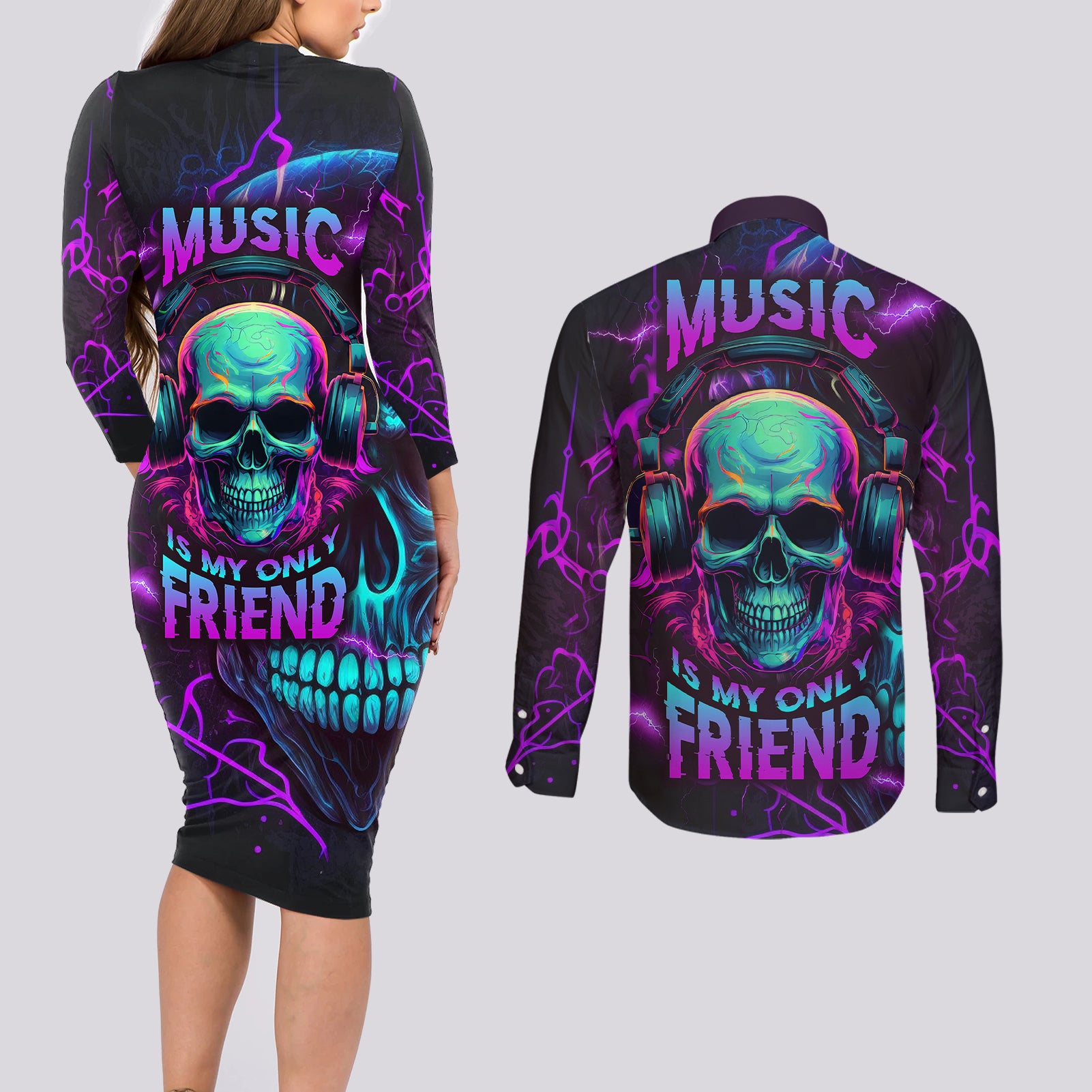 Music Is My Only Friend Skull Couples Matching Long Sleeve Bodycon Dress and Long Sleeve Button Shirts - Wonder Print Shop