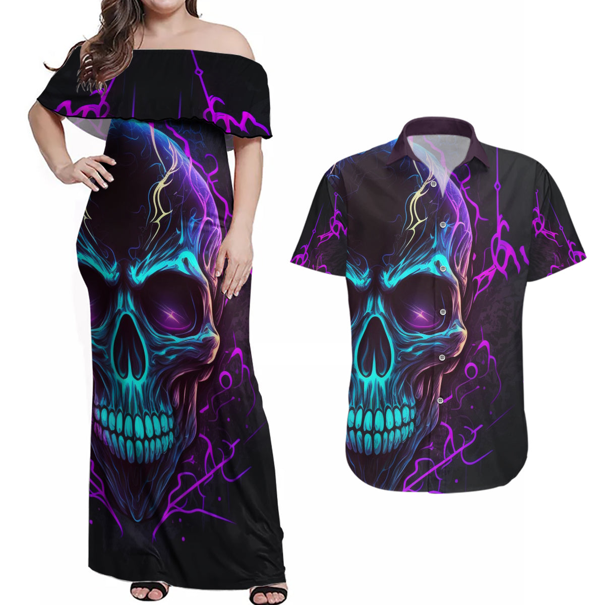 Music Is My Only Friend Skull Couples Matching Off Shoulder Maxi Dress and Hawaiian Shirt - Wonder Print Shop