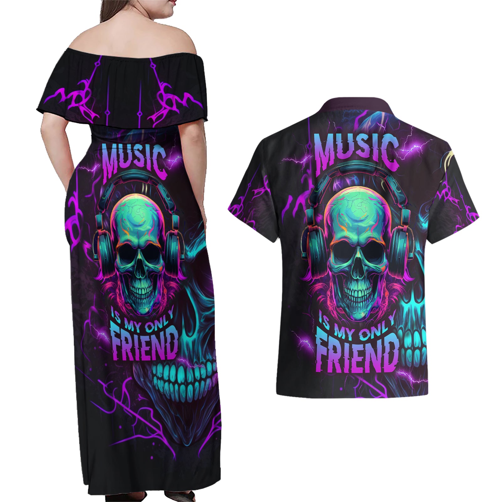 Music Is My Only Friend Skull Couples Matching Off Shoulder Maxi Dress and Hawaiian Shirt - Wonder Print Shop