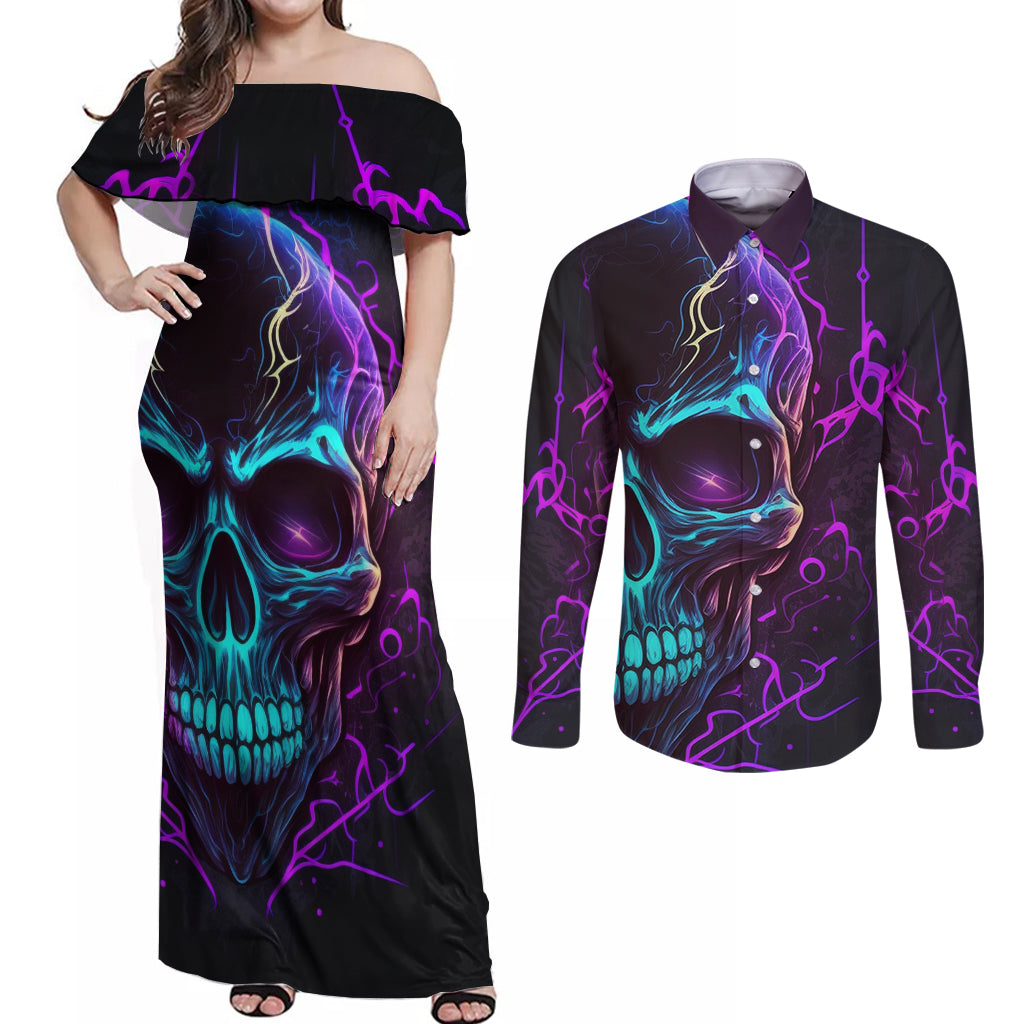 Music Is My Only Friend Skull Couples Matching Off Shoulder Maxi Dress and Long Sleeve Button Shirts - Wonder Print Shop