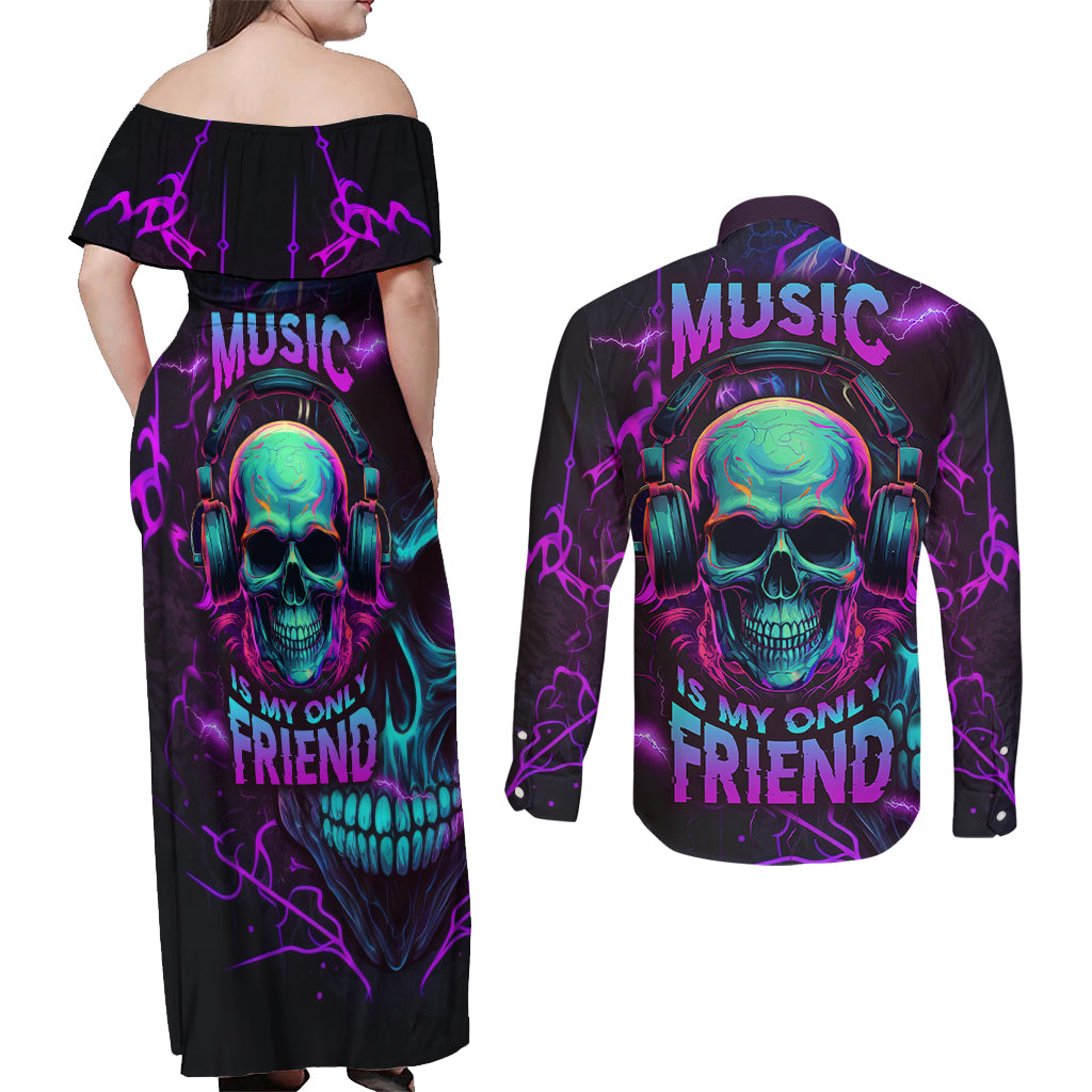 Music Is My Only Friend Skull Couples Matching Off Shoulder Maxi Dress and Long Sleeve Button Shirts - Wonder Print Shop