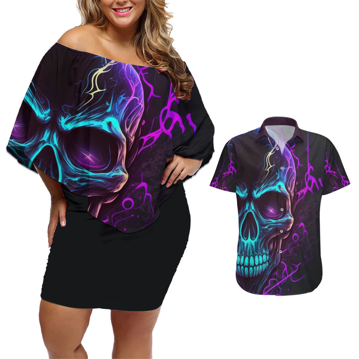 Music Is My Only Friend Skull Couples Matching Off Shoulder Short Dress and Hawaiian Shirt - Wonder Print Shop