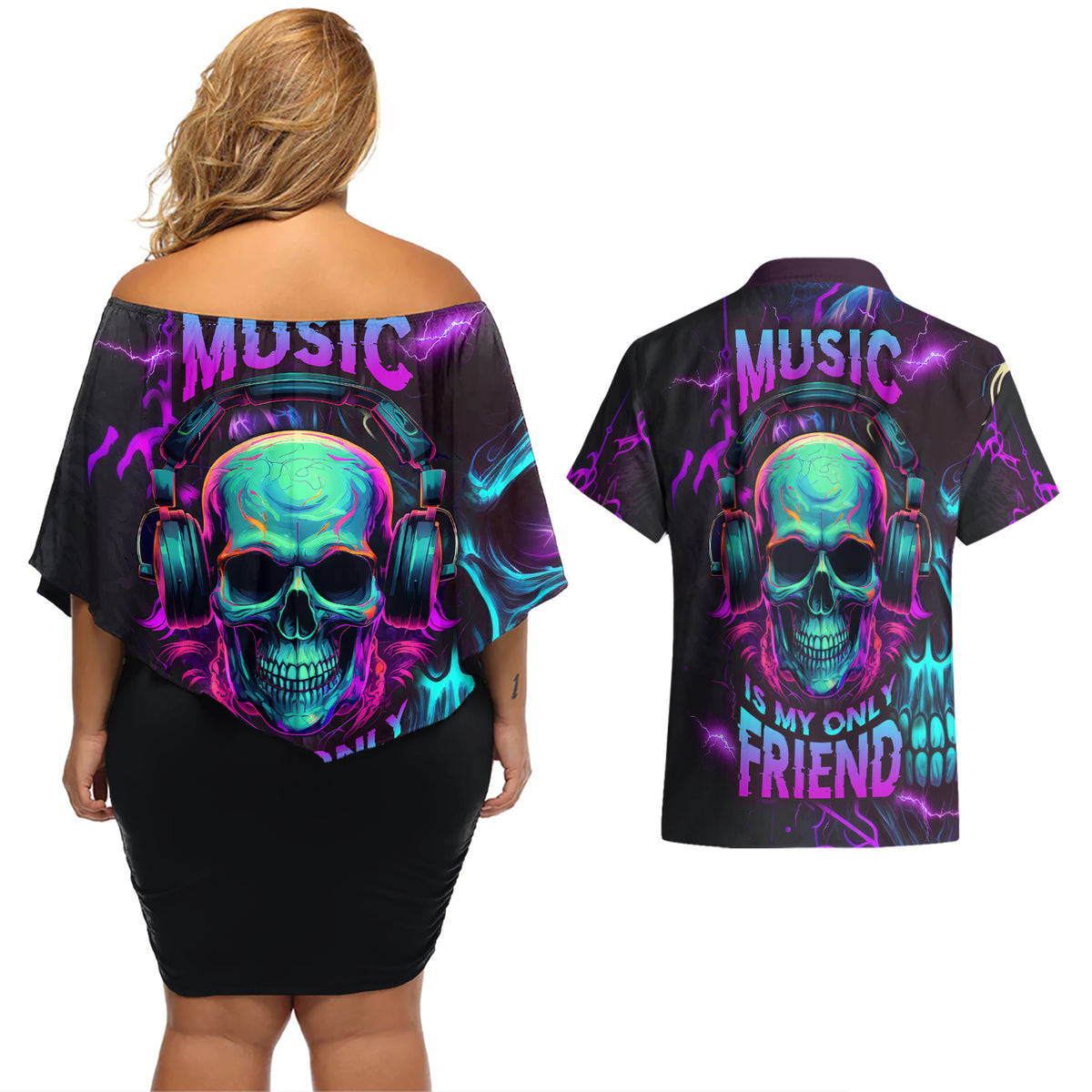 Music Is My Only Friend Skull Couples Matching Off Shoulder Short Dress and Hawaiian Shirt - Wonder Print Shop