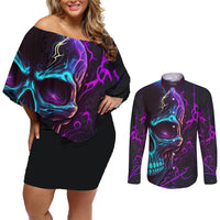Music Is My Only Friend Skull Couples Matching Off Shoulder Short Dress and Long Sleeve Button Shirts - Wonder Print Shop