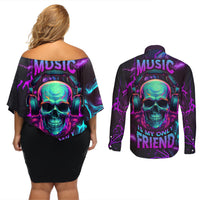 Music Is My Only Friend Skull Couples Matching Off Shoulder Short Dress and Long Sleeve Button Shirts - Wonder Print Shop
