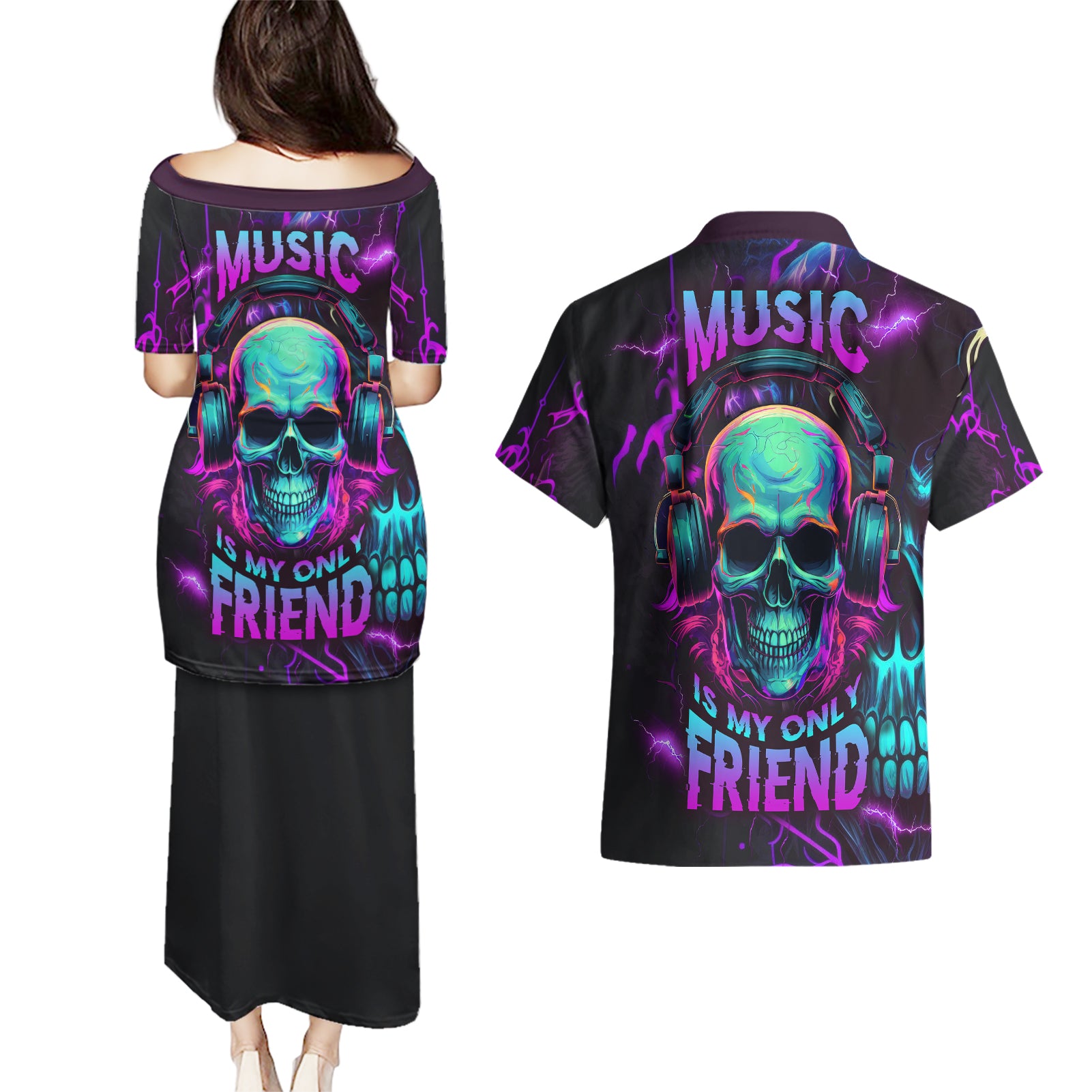 Music Is My Only Friend Skull Couples Matching Puletasi Dress and Hawaiian Shirt - Wonder Print Shop