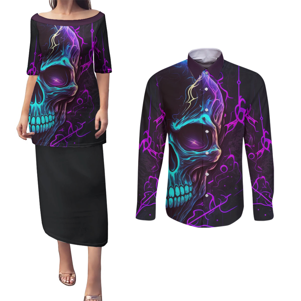Music Is My Only Friend Skull Couples Matching Puletasi Dress and Long Sleeve Button Shirts - Wonder Print Shop