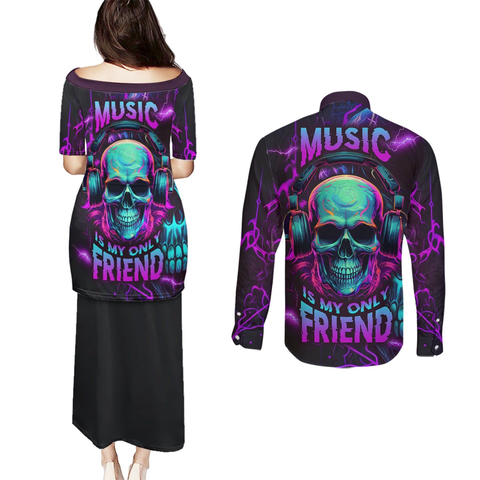 Music Is My Only Friend Skull Couples Matching Puletasi Dress and Long Sleeve Button Shirts - Wonder Print Shop