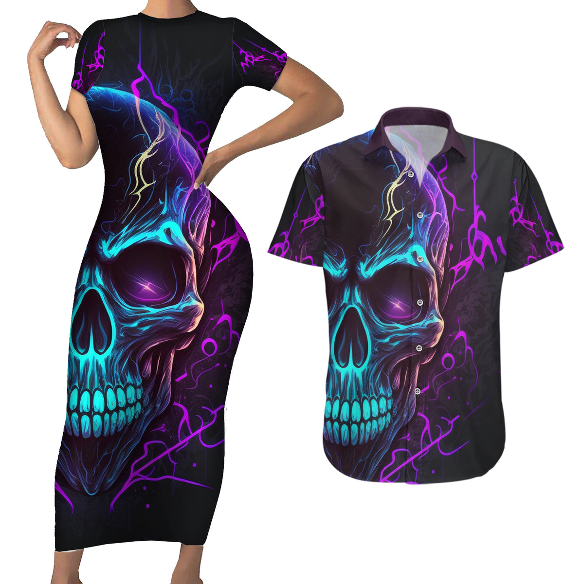 Music Is My Only Friend Skull Couples Matching Short Sleeve Bodycon Dress and Hawaiian Shirt - Wonder Print Shop