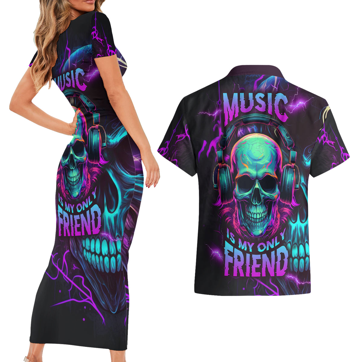 Music Is My Only Friend Skull Couples Matching Short Sleeve Bodycon Dress and Hawaiian Shirt - Wonder Print Shop