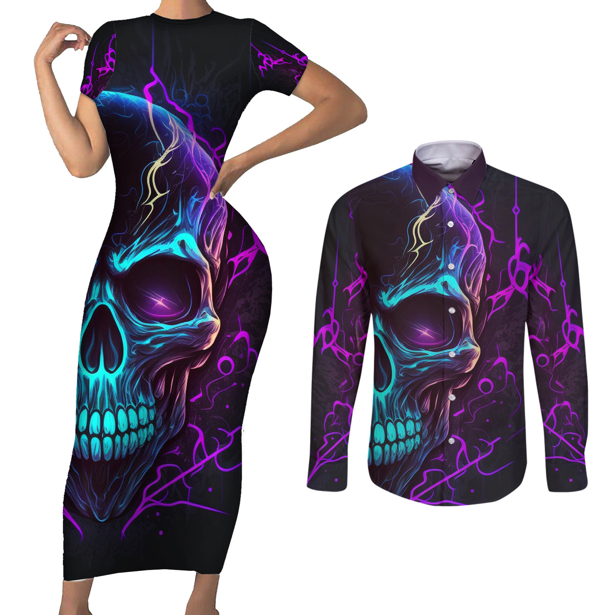 Music Is My Only Friend Skull Couples Matching Short Sleeve Bodycon Dress and Long Sleeve Button Shirts - Wonder Print Shop