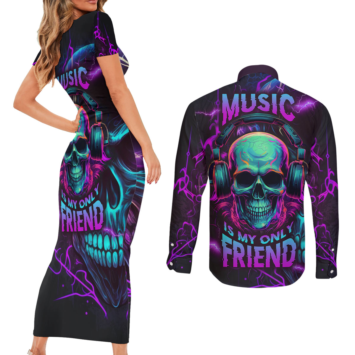 Music Is My Only Friend Skull Couples Matching Short Sleeve Bodycon Dress and Long Sleeve Button Shirts - Wonder Print Shop
