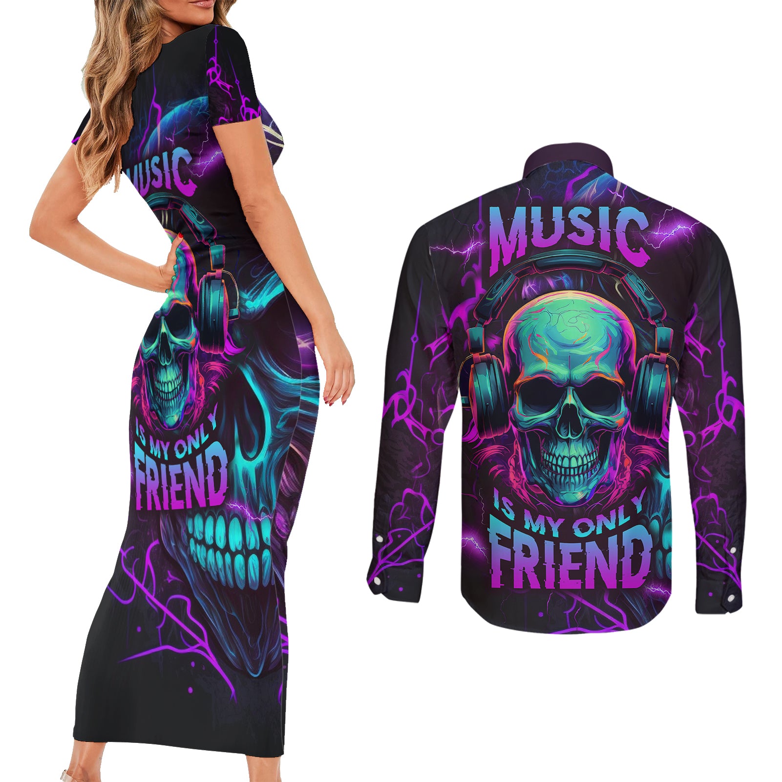 Music Is My Only Friend Skull Couples Matching Short Sleeve Bodycon Dress and Long Sleeve Button Shirts - Wonder Print Shop