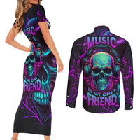 Music Is My Only Friend Skull Couples Matching Short Sleeve Bodycon Dress and Long Sleeve Button Shirts - Wonder Print Shop