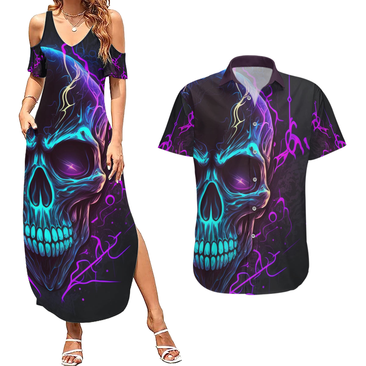 Music Is My Only Friend Skull Couples Matching Summer Maxi Dress and Hawaiian Shirt - Wonder Print Shop