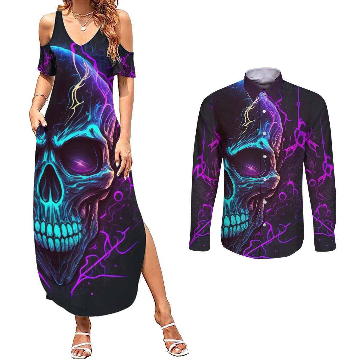 Music Is My Only Friend Skull Couples Matching Summer Maxi Dress and Long Sleeve Button Shirts - Wonder Print Shop
