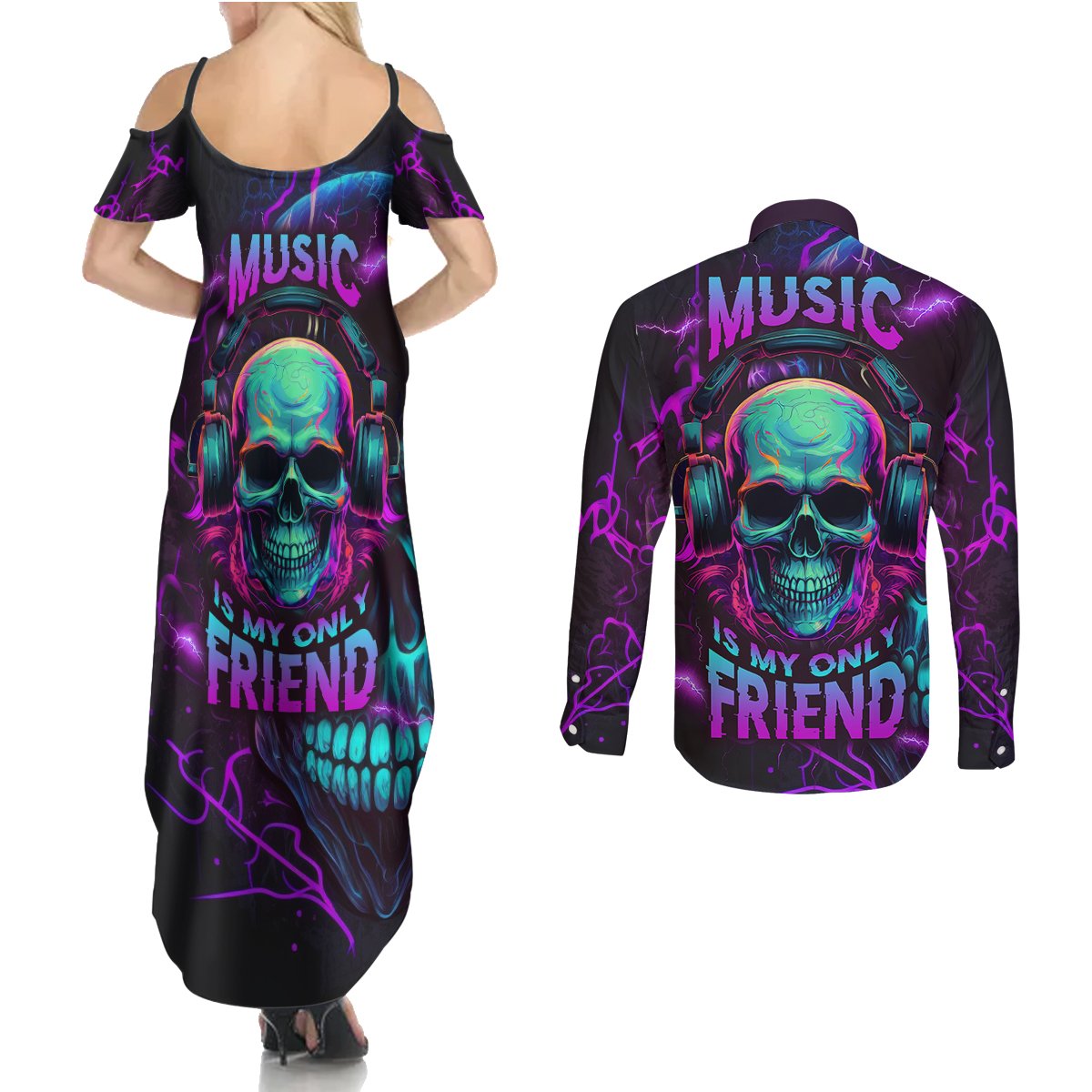 Music Is My Only Friend Skull Couples Matching Summer Maxi Dress and Long Sleeve Button Shirts - Wonder Print Shop