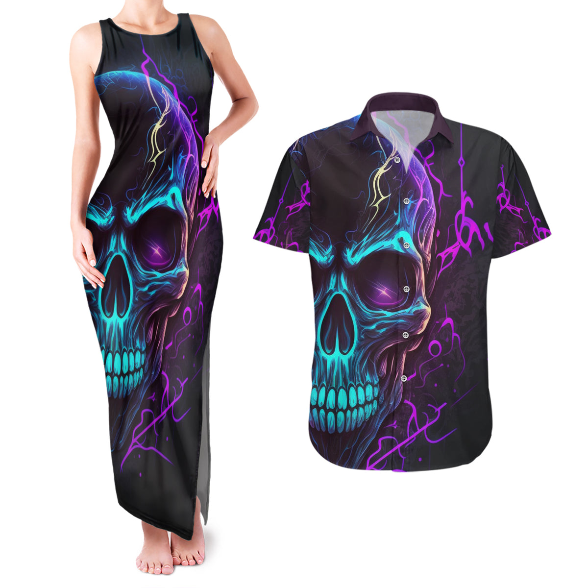 Music Is My Only Friend Skull Couples Matching Tank Maxi Dress and Hawaiian Shirt - Wonder Print Shop