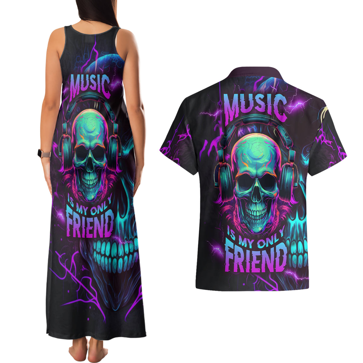 Music Is My Only Friend Skull Couples Matching Tank Maxi Dress and Hawaiian Shirt - Wonder Print Shop