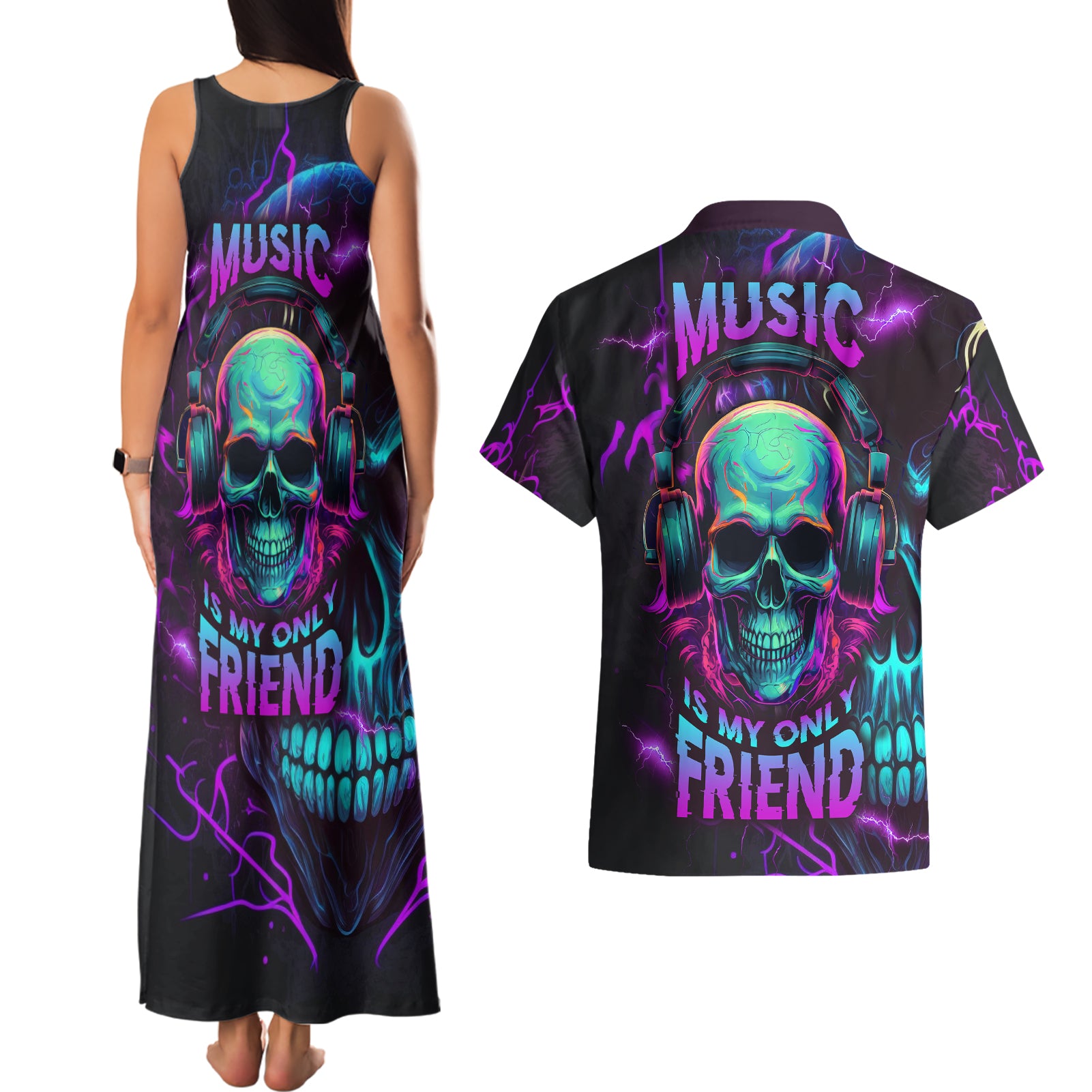 Music Is My Only Friend Skull Couples Matching Tank Maxi Dress and Hawaiian Shirt - Wonder Print Shop