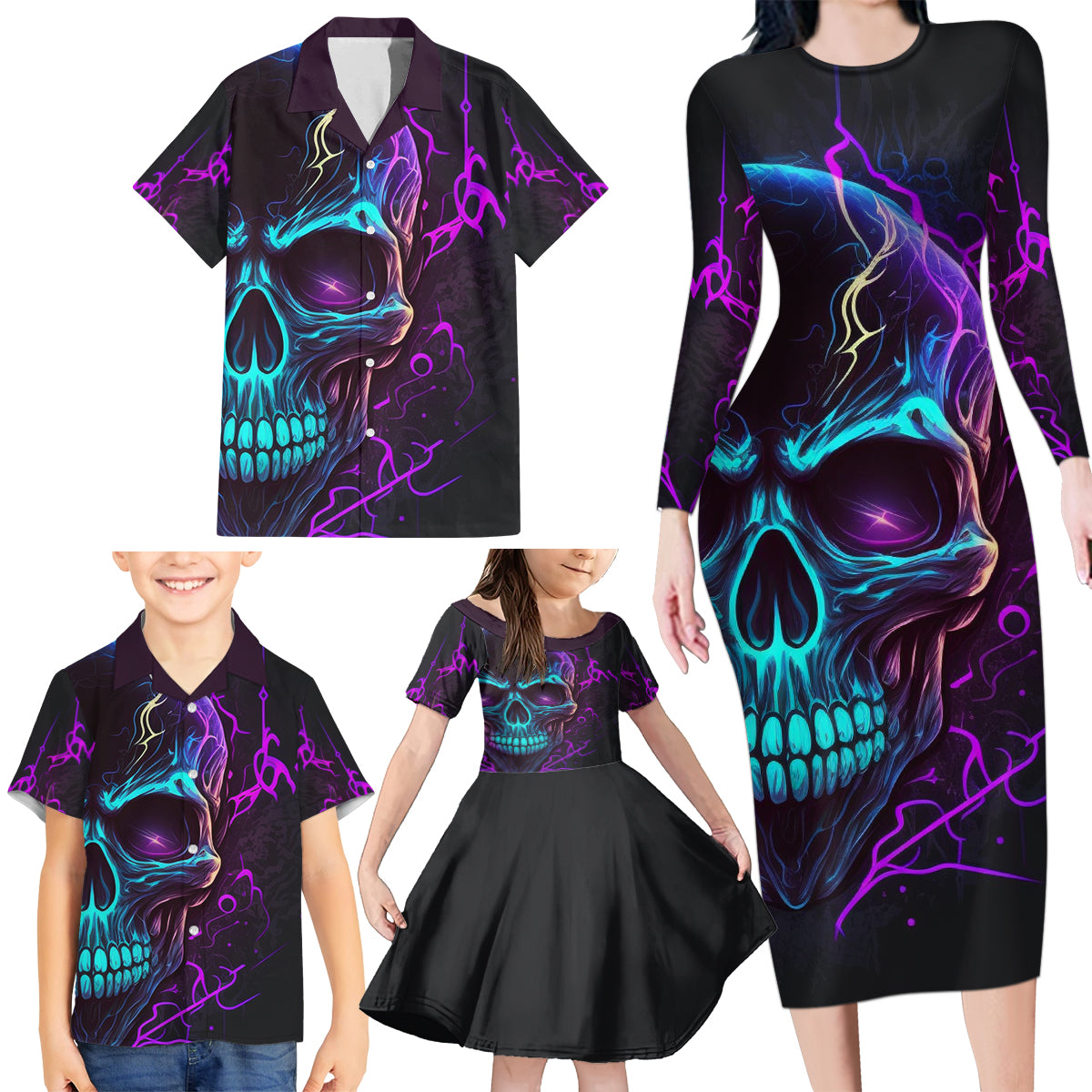 Music Is My Only Friend Skull Family Matching Long Sleeve Bodycon Dress and Hawaiian Shirt - Wonder Print Shop