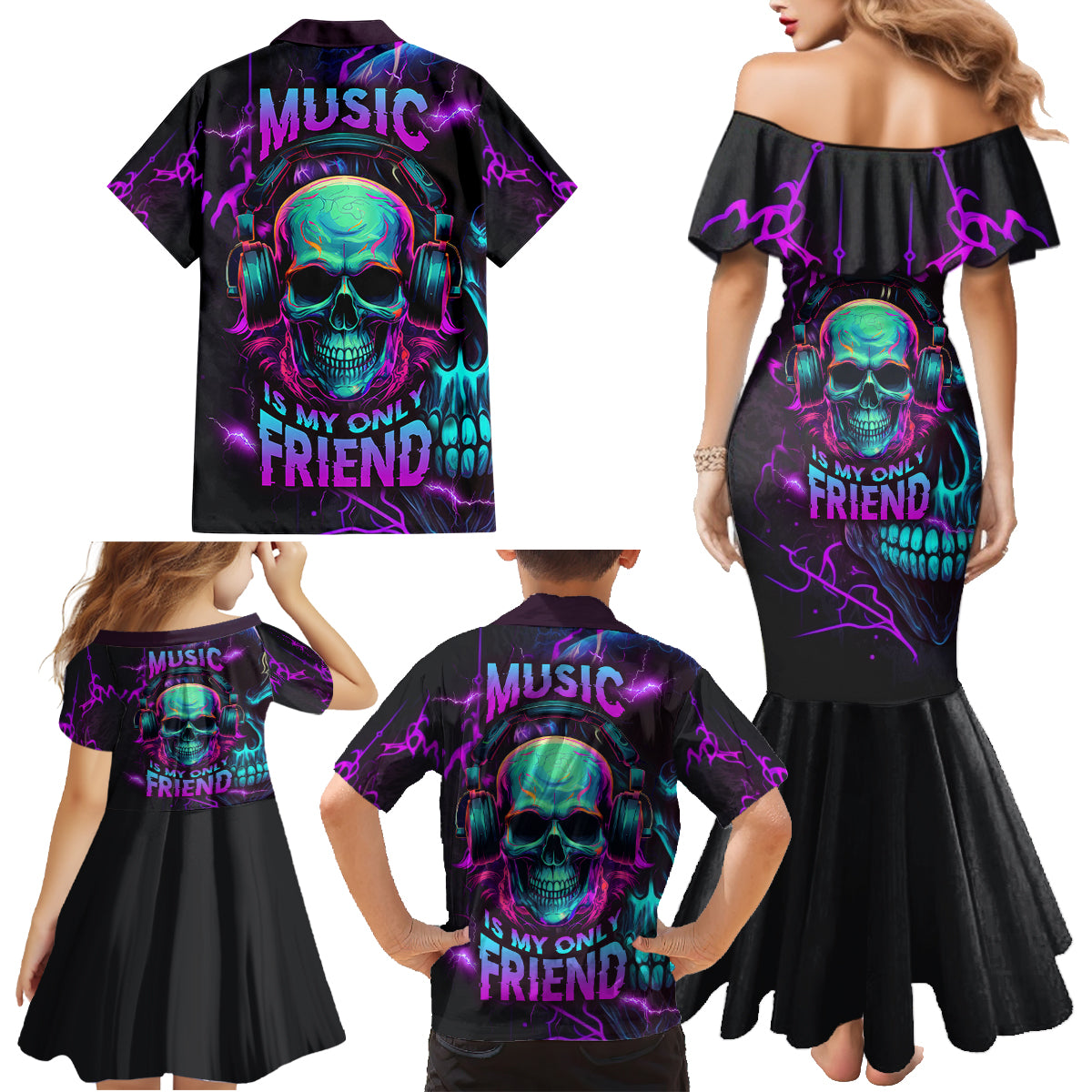 Music Is My Only Friend Skull Family Matching Mermaid Dress and Hawaiian Shirt - Wonder Print Shop
