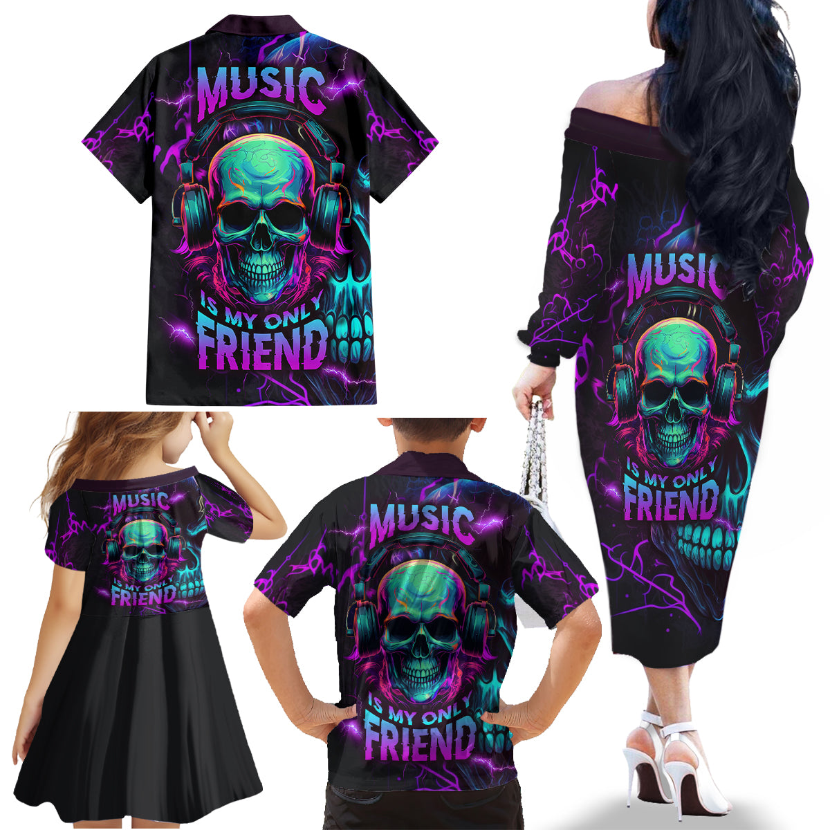 Music Is My Only Friend Skull Family Matching Off Shoulder Long Sleeve Dress and Hawaiian Shirt - Wonder Print Shop